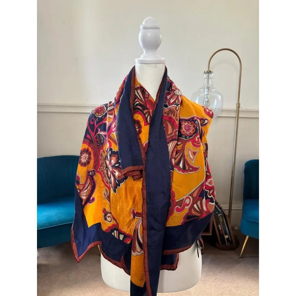 Banana Republic 100% Silk Square Scarf Shawl Yellow Gold Paisley Navy Border